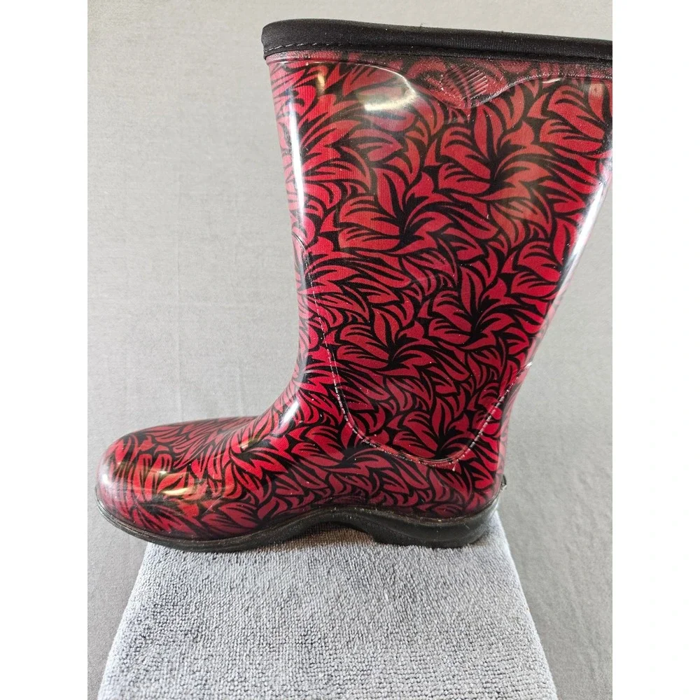 Sloggers Womens Red Black Leaf Print Waterproof Rain Garden Boots Made in USA 9